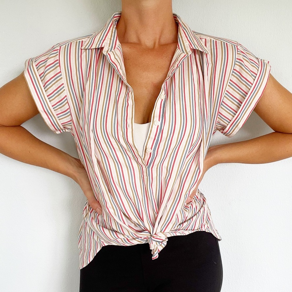 GAP rainbow stripe cotton loose fit half button short sleeve blouse size small